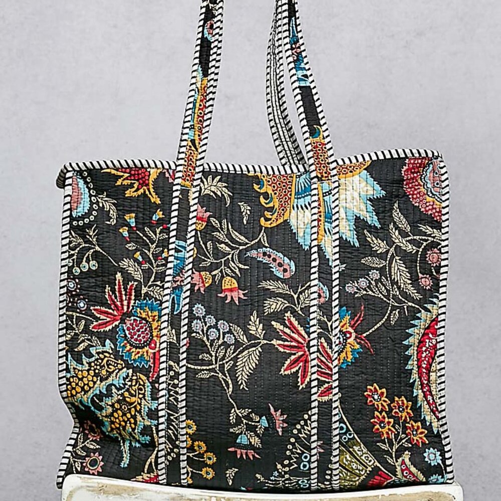 POL Black Kantha quilted patchwork floral embroidered XL boho tote bag - Picture 5 of 5